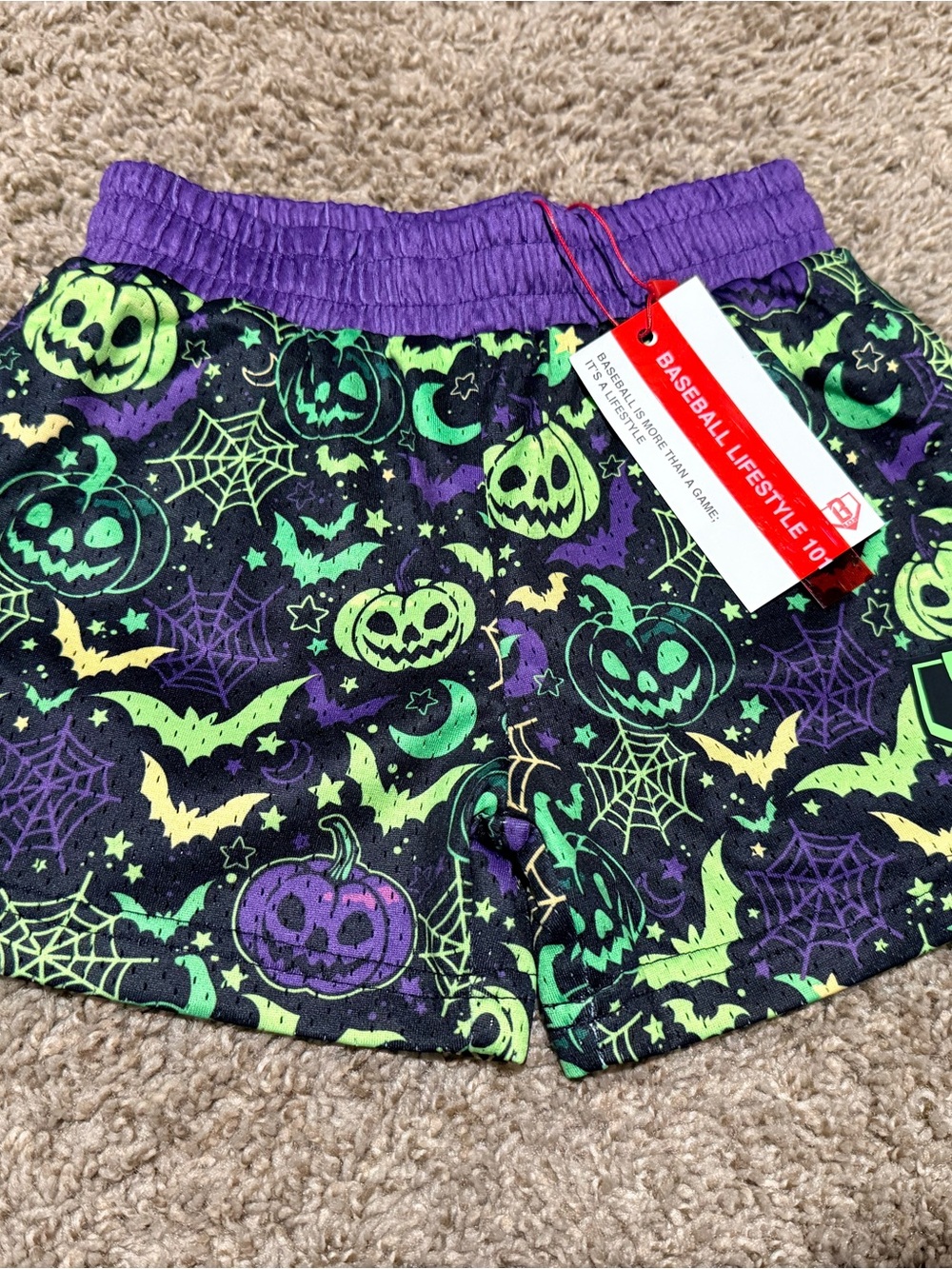 Baseball Lifestyle Kids Halloween Pumpkin Print Shorts - Black/Purple/Green